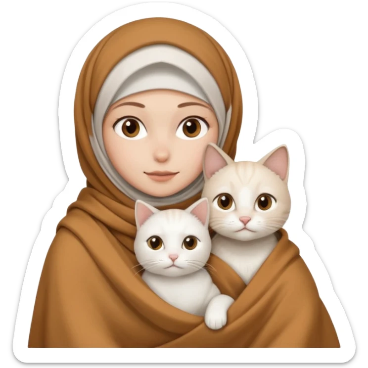 Beyaz Kediyle hijab bayan yanyana kahve beyaz battaniye sticker