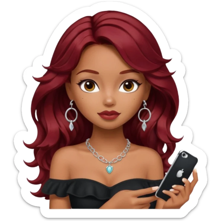 a pretty bratz girl with wavy dark red hair, wearing a black off shoulder top . silver dainty layered necklaces, carrying an iphone sticker