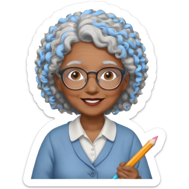 old woman teacher, brown skin, curly grey white hai, wearing glasses, hold chalk on hand sticker