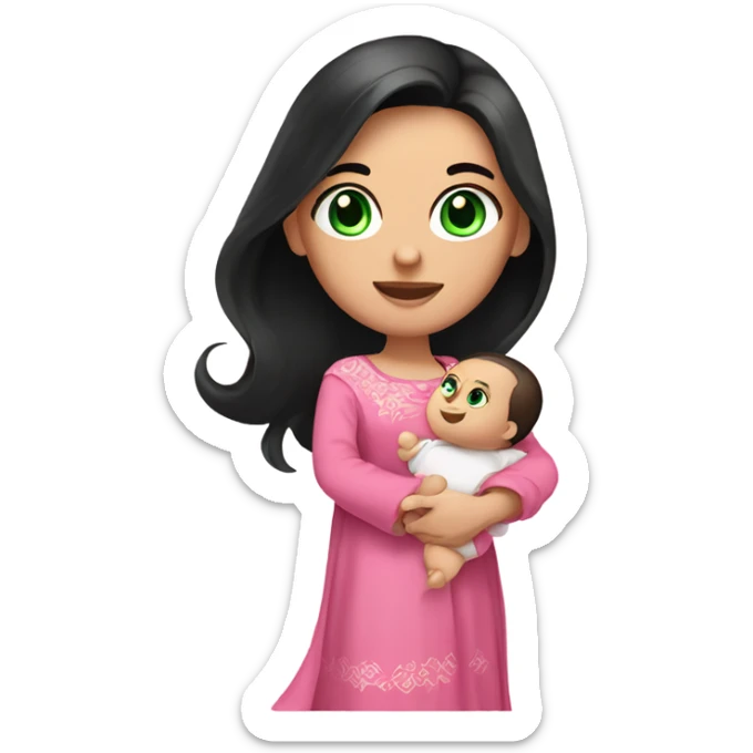 Beautiful Russian lady with green eyes and very long black hair pink clothes holding baby  sticker