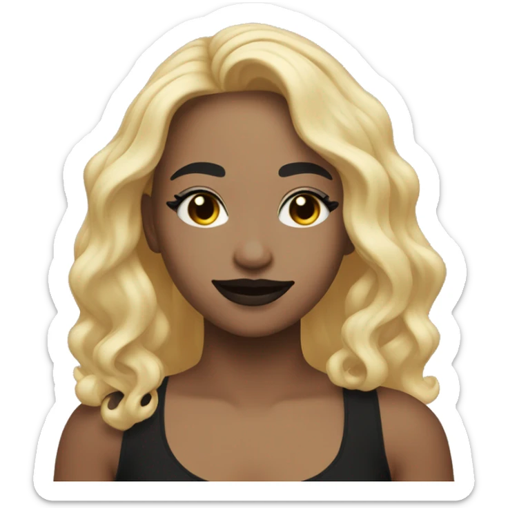 Girl with long wavy blonde hair eyes closed smiling black tank top and black makeup sticker