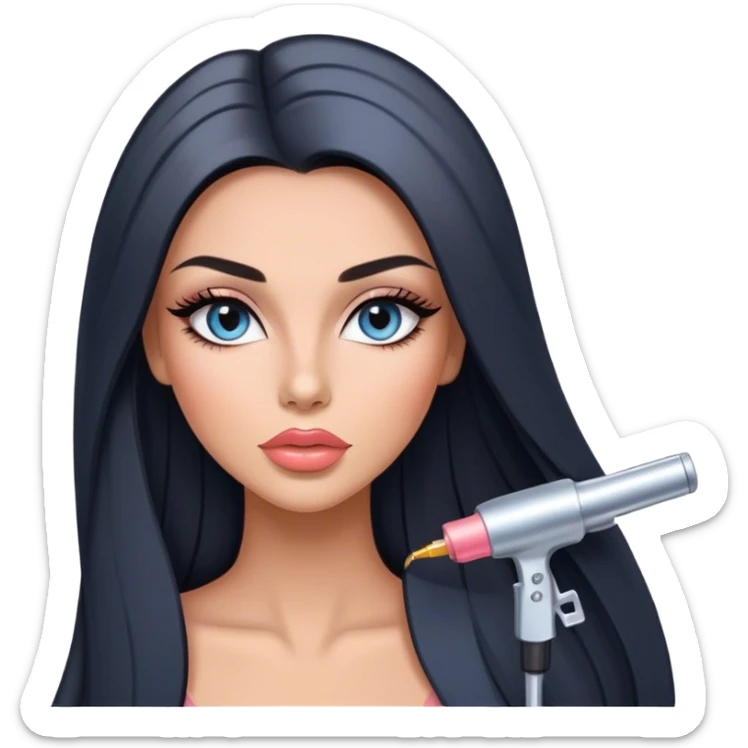 Glamours, tanned, very beautiful girl, with big pump peach-beige-rose lips, long long lashes, black straight smooth silky long hair, straight parting hair, blue-grey eyes sticker