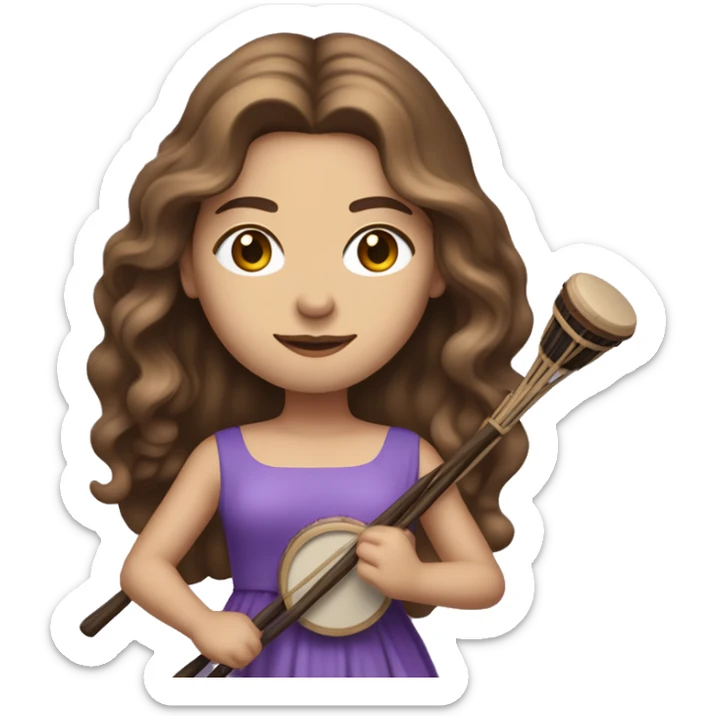 White woman standing with long flowing purple dress and long wavy brown hair holding a small handheld frame drum and a drum beater sticker