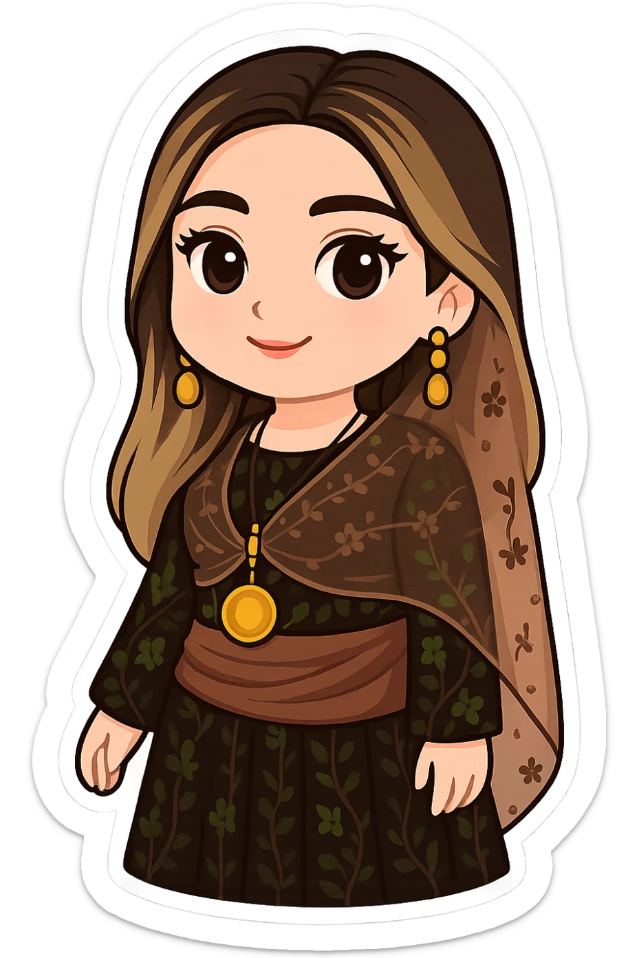 Edit the Kurdish cartoon sticker to change the dress to match the style, color, and details of the dress in the reference photo while keeping the cartoon style. No text. Transparent background. sticker