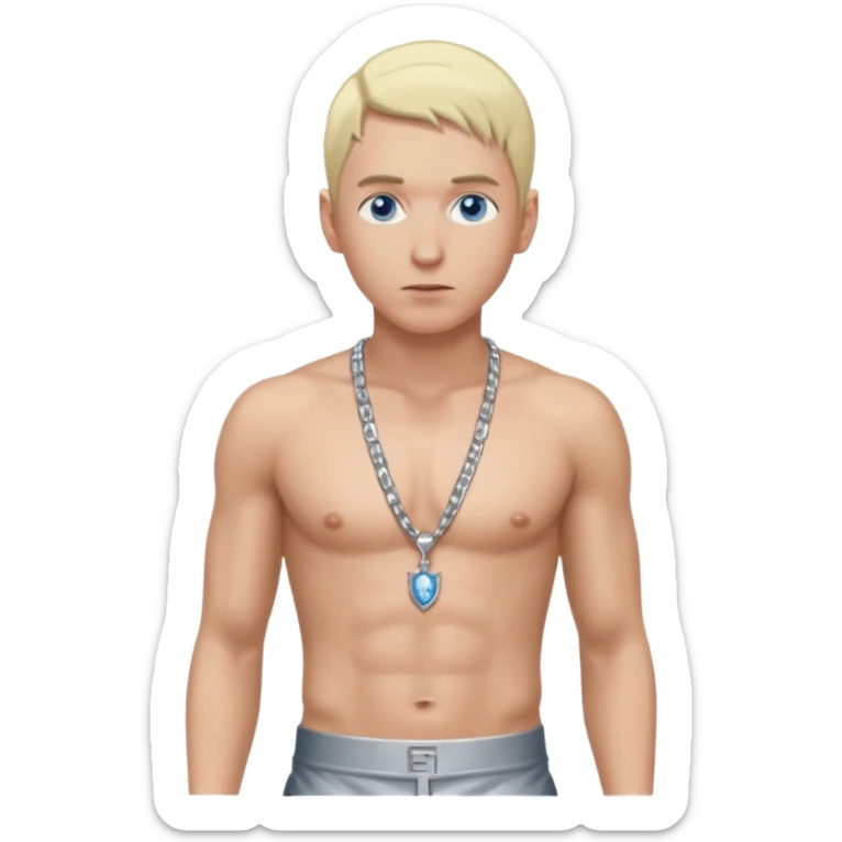 Eminem with blonde hair, shirtless with necklace, metallic silver pants, blue eyes sticker