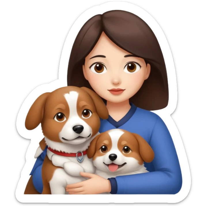 a beautiful woman with medium length dark brown hair and brown eyes, a bit chubby, hugs a beagle and japanese spitz dog  sticker