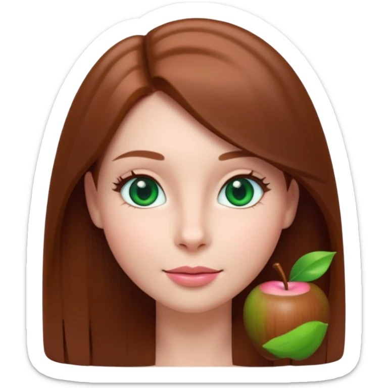 a young woman with a sweet expression, smooth fair skin, emerald green eyes, small straight nose, soft nude-pink lips with a gentle smile, and long, straight chestnut brown hair parted in the center. Clean white background, soft lighting, minimalist Apple emoji 3D style. sticker