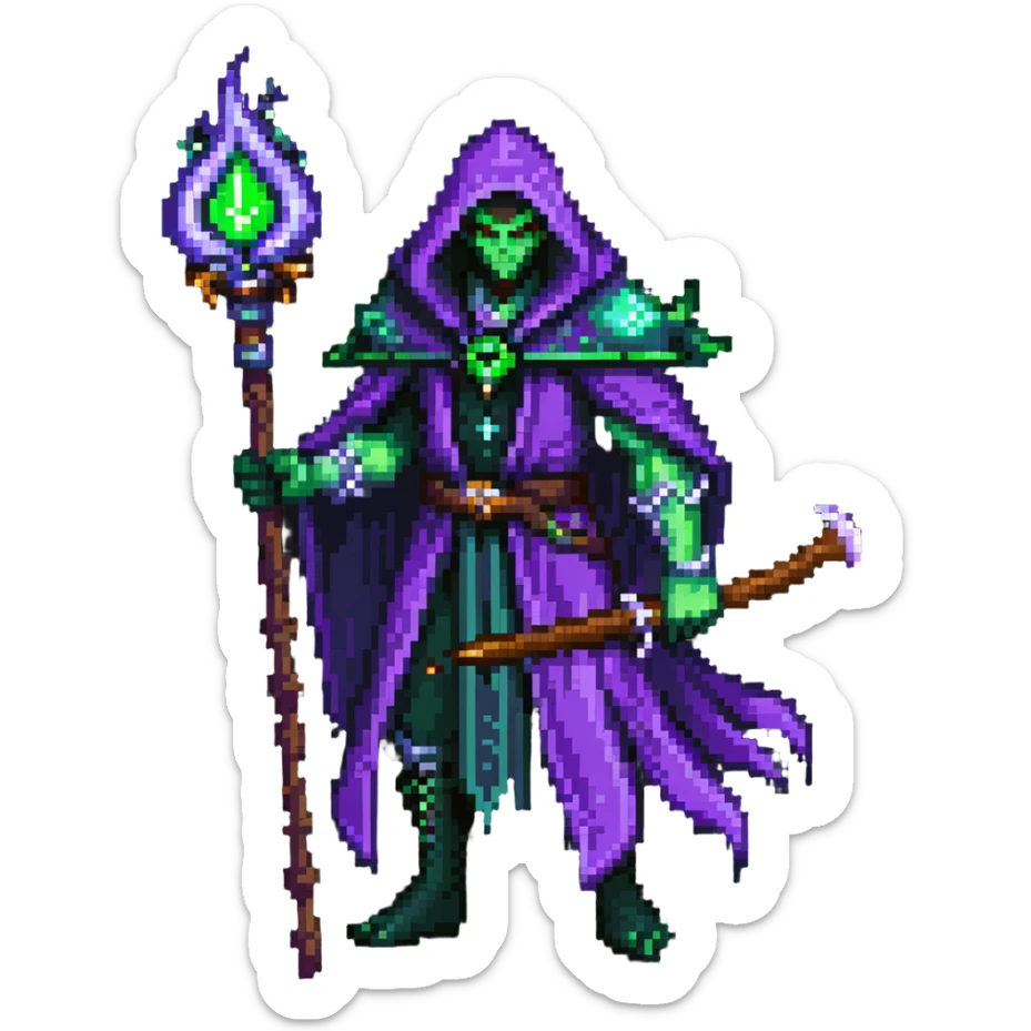 warlock with purple robes, green fel magic, demonic energy, holding a staff, World of Warcraft character sticker
