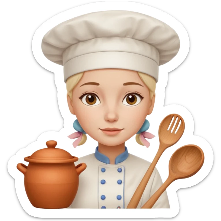 cartoon Apple iOS emoji style woman, pastel colors, Chilean wooden kitchen background, clay pots, warm light, detailed and clean vector art sticker