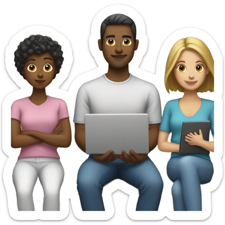 2 girl and 3 man each of them holding laptop and sit together  sticker