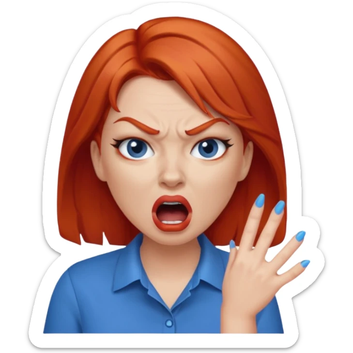 mujer pelirroja con los ojos y los labios maquillados enojada gritando con remera azul sticker