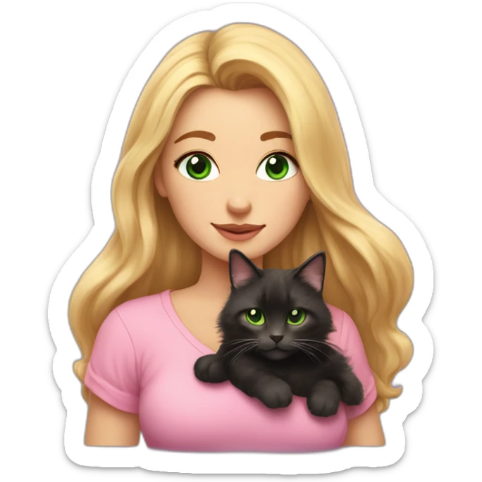 woman with green eyes and long wavy blonde hair and big boobs in a pink shirt is holding a very fluffy and fat black and tortoiseshell cat sticker