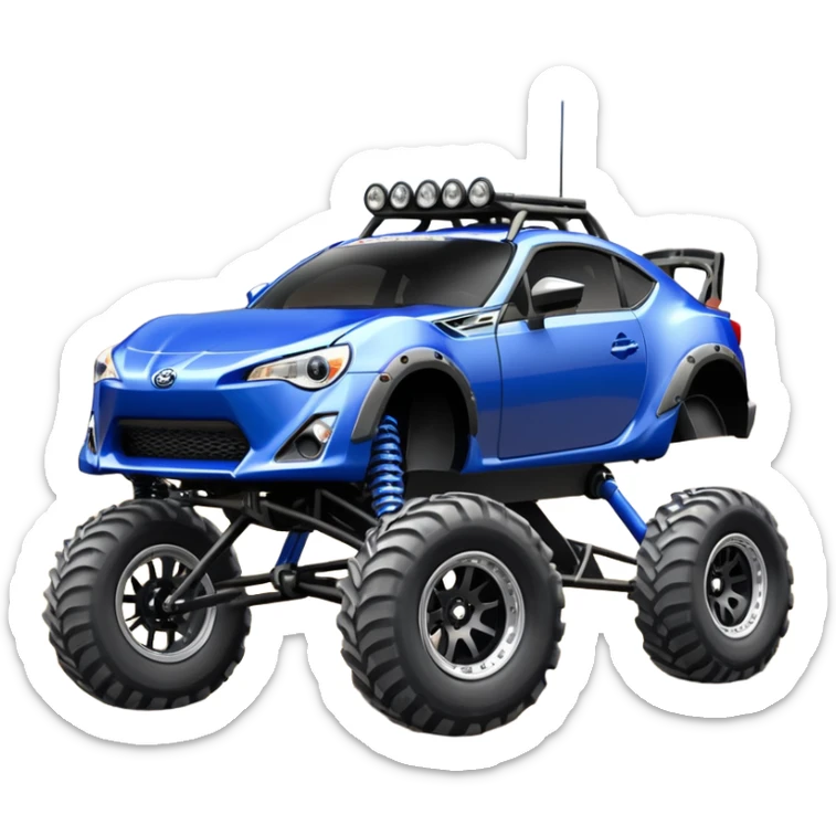 LCG Armored Dirty raced redneck jacked 2013 scion fr-s ultramarine off road 4wd monster truck style Baja dessert stadium rock racer number 86 with long travel swing arm suspension, shiny silver wheels, exaggerated wide black fender flares and trailer  sticker