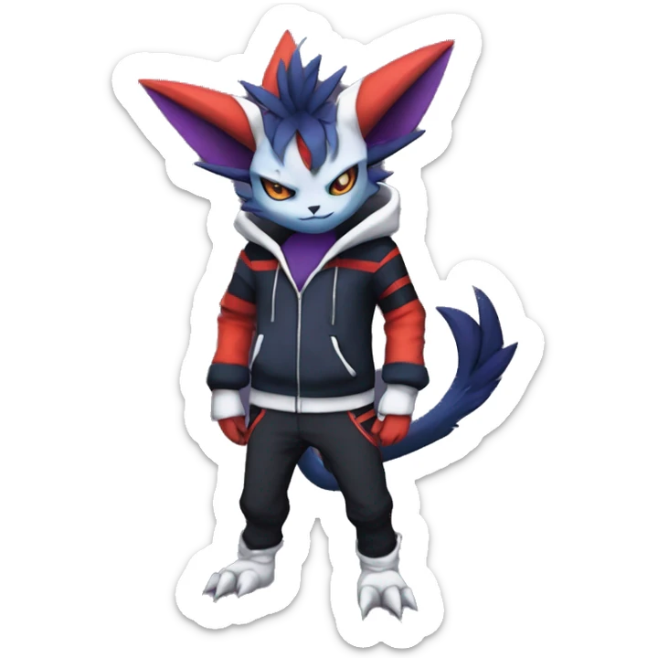 Cool Anthro Dark Absol-Noivern-Quilava-Litten-Pokémon with edgy stripes hoodie spiked collar punk Full Body sticker