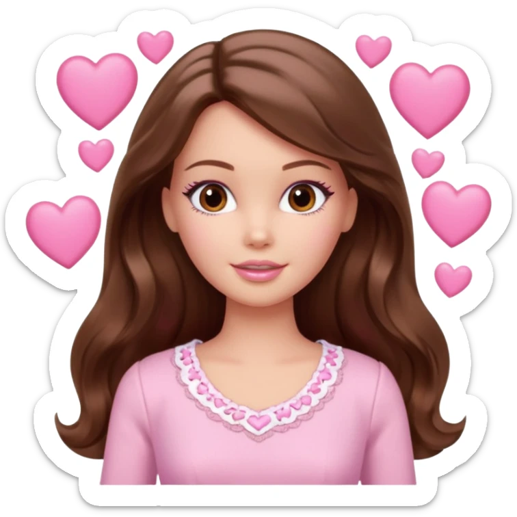 Barbie girl makeup , brown long straight wavy hair and brown eyes is In pale pink clothes There are pink hearts all around sticker