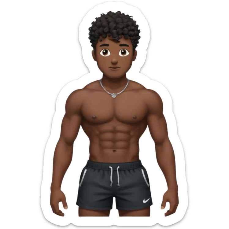 Ripped, athletic man with thick neck, high top fade with no part, curly hair only top only, no shirt and show waistline up, black shorts and more man face sticker