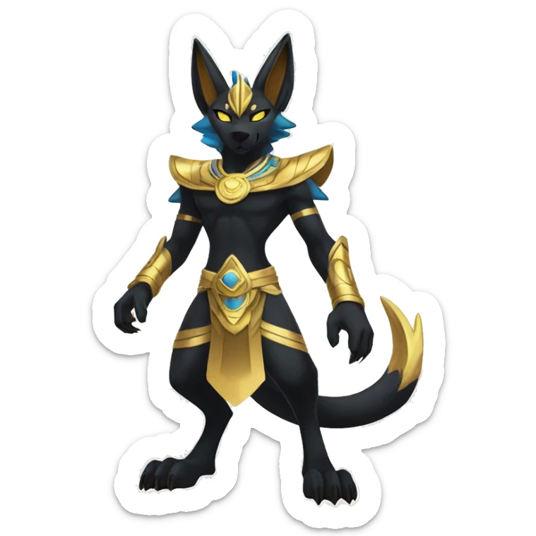 Black godly overpowered ethereal majestic Egyptian Lucario-Litten-Cat-Fakemon. Golden Anubis-Rings and yellow ring-markings. Full body sticker