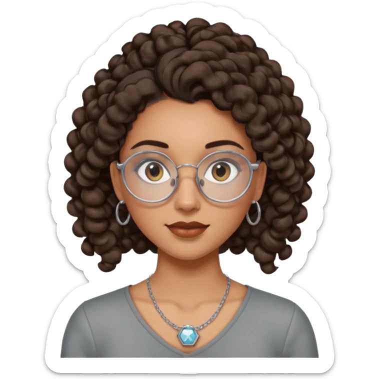 chica morena de ojos claros con gafas exagonales redondeadas. y pelo rizado castaño con todo el pelo recogido en una coleta . y un collar de plata sticker