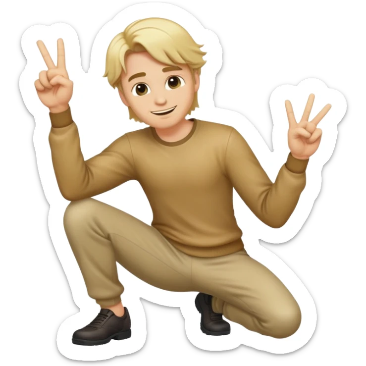 Full body emoji of a Blonde man with swooshing hair and no facial hair, crouching giving one peace sign while smirking sticker