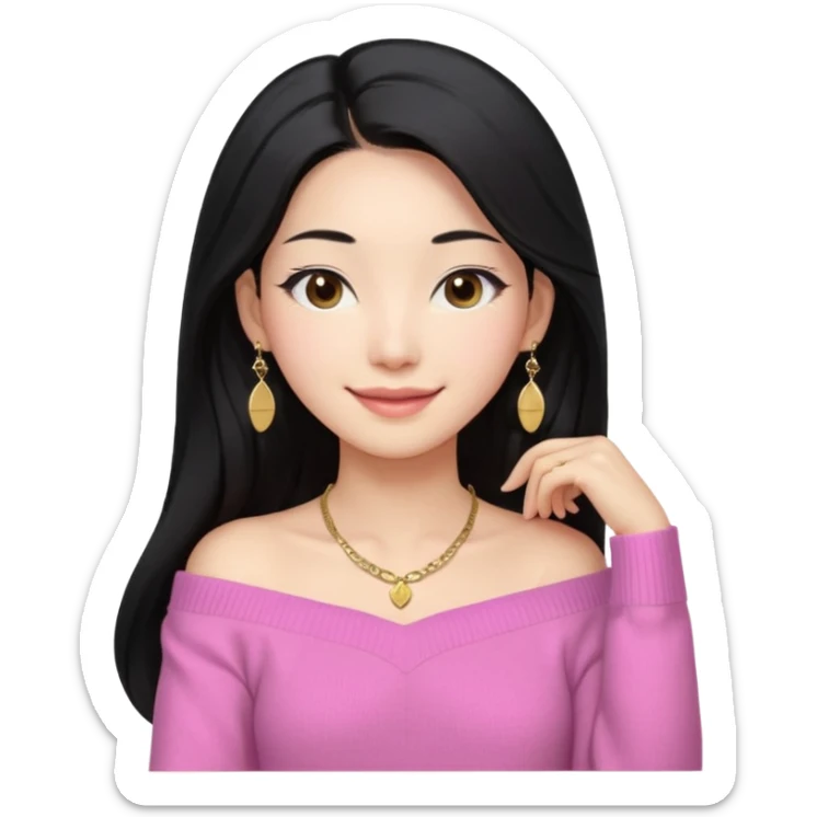 South Korean girl in her mid-thirties with long black hair parted in the middle. She is wearing a pink, off the shoulder long sleeve knit sweater, extra small gold earrings and a gold necklace. She has brown eyes with narrow, mono lid shape and smiling with lips together sticker