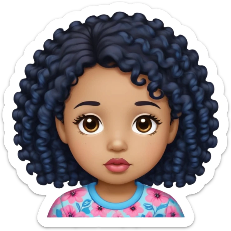 light brown skin tone, very adorable toddler, with big plump lips, long long lashes, black curly hair, middle hair parting, brown eyes, pink and blue floral shirt sticker
