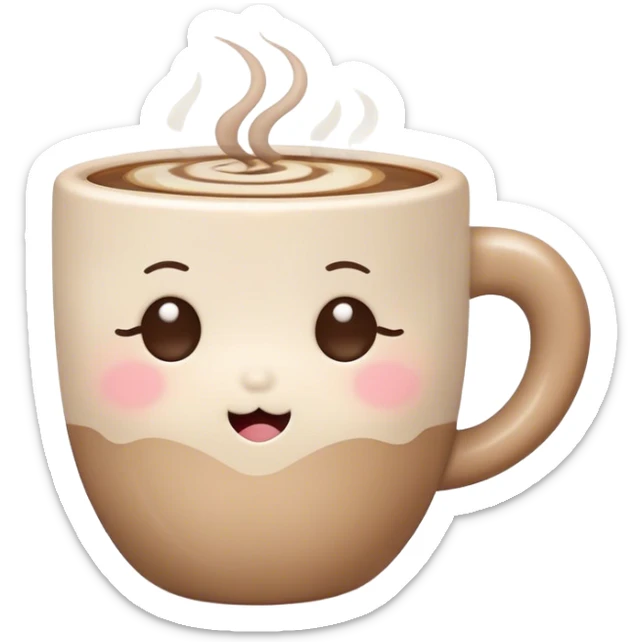 Cute Kawaii Coffee Cup, cozy and warm, a tiny swirl of steam shaped like a heart, round chubby face with a sleepy but content expression, soft pastel brown and cream colors, perfect morning vibes! sticker