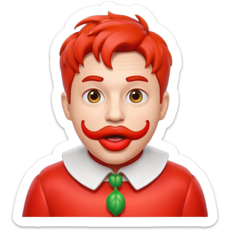 funny theater actor character who ate tomatoes, tomato sauce around mouth, dramatic expression, stage costume collar, 3D cartoon, mobile game icon style, clean background, no text, no watermark
 sticker