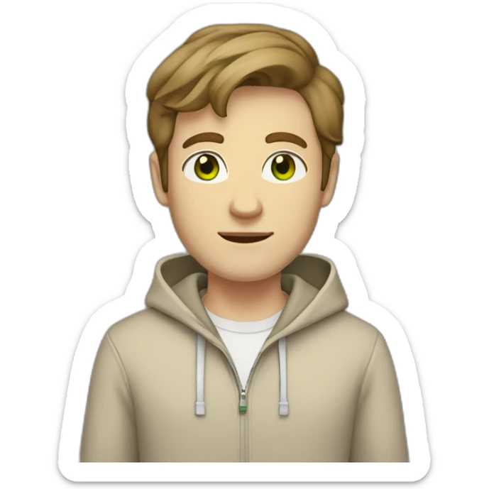 white guy in beige hoodie with brown hair and white shoes and  gray pants and green eyes standing sticker