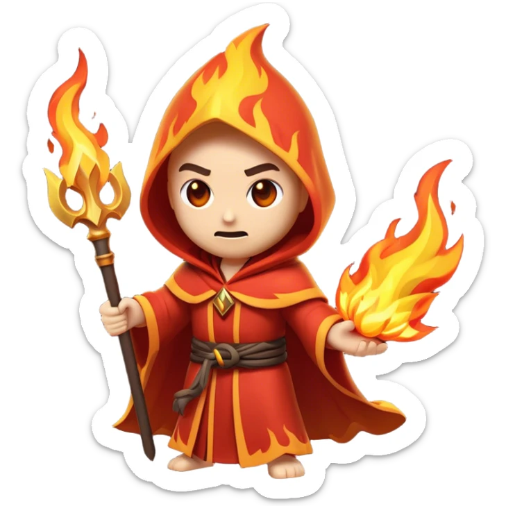 Clash of Clans aesthetic: Cinematic Ferocious Fire Mage Hero closeup Emoji, rendered in a 3D vector-style similar to standard emojis with minimal shading and bold, simplified shapes. A compact, isometric figure draped in flowing, charred and ember-lined robes, wielding a fiery staff crackling with intense flames. Eyes burning with an infernal glow, exuding raw, untamed power. Simplified yet unmistakably iconic, highly detailed and consistent, glowing with a fiery, molten radiance and high shine. Stylized with a touch of menacing sorcery and a searing, ember-infused outline, capturing the essence of a wrathful mage ready to unleash devastating fire magic! sticker