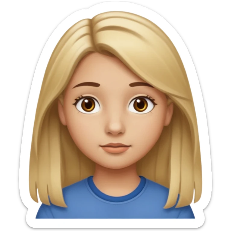 14 year old girl roundish face with brown round eyes and medium thick brown eyebrows and light brown hair with blonde highlights and light/tan skin and a button nose and medium thick lips with long hair sticker