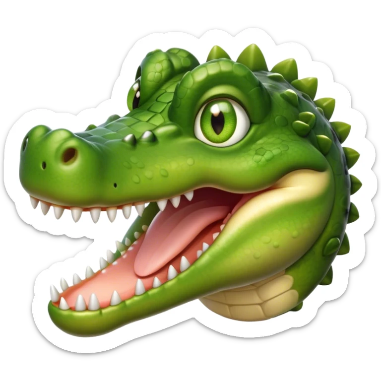 Cinematic Realistic Cute Crocodile Portrait Emoji, Head tilted playfully and inquisitively, featuring a robust, well-defined build with intricately detailed, glossy olive-green scales and a surprisingly endearing face with round, sparkling eyes full of unexpected charm, rendered with lifelike texture and natural highlights, high shine, affectionate and spirited, styled with a touch of wild whimsy, soft glowing outline, capturing the essence of a mischievous yet lovable crocodile that seems poised to snap playfully out of the screen into your arms! sticker