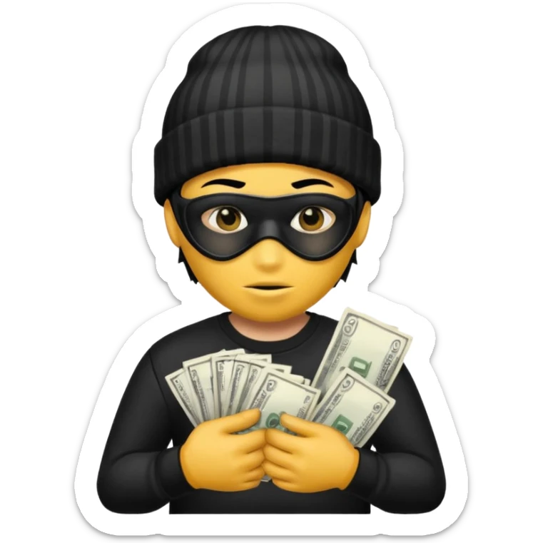 A yellow guy with a black beanie white shirt with black stripes a black mask for it's eyes and holding a money bag with yellow hair sticker