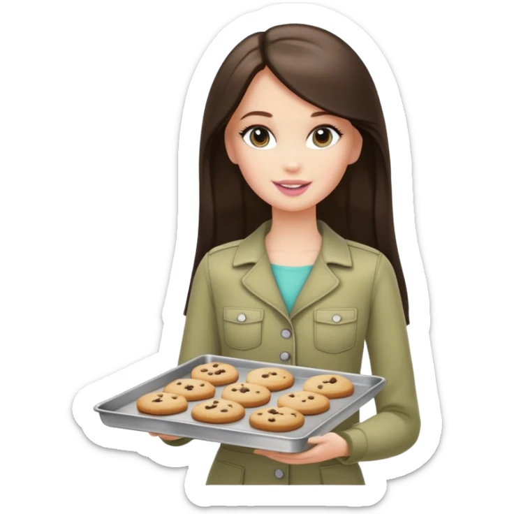 A white Barbie girl with long dark brown straight hair in a pale olive clothes holds a Baking tray with cookies sticker