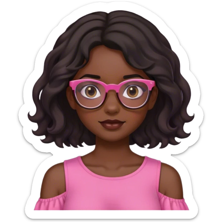 dark skinned girl wearing glasses with wavy black shoulder length hair and a pink top sticker