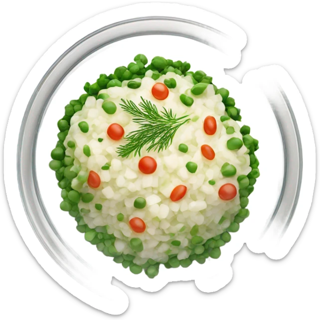russian salad olivier on a crystal bowl, dill on top of a dish sticker