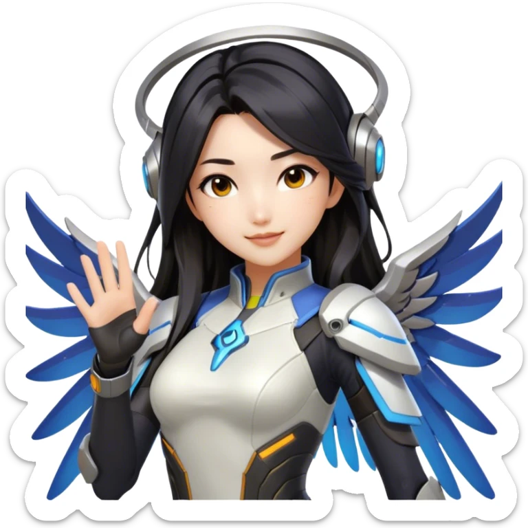 An Asian girl with dark long hair and dark eyes, wearing futuristic clothes like Mercy from Overwatch, has her wings. On the background is nebula of yellow, orange, red and turquoise colours. She's waving happily as greeting someone  sticker