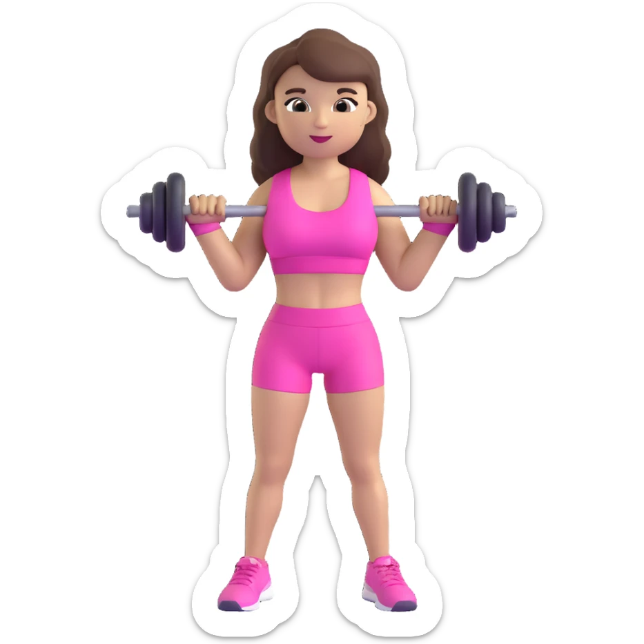 girly gym emoji with pink workout outfit and brunette hair, holding a dumbbell sticker