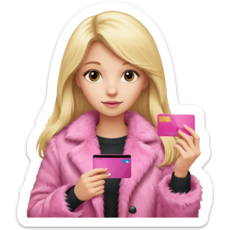 blonde girl with long hair, pink fur, holding pink credit card sticker