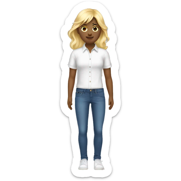 blond hair with bang and long hair with a white shirt and a jeans and shoes sticker