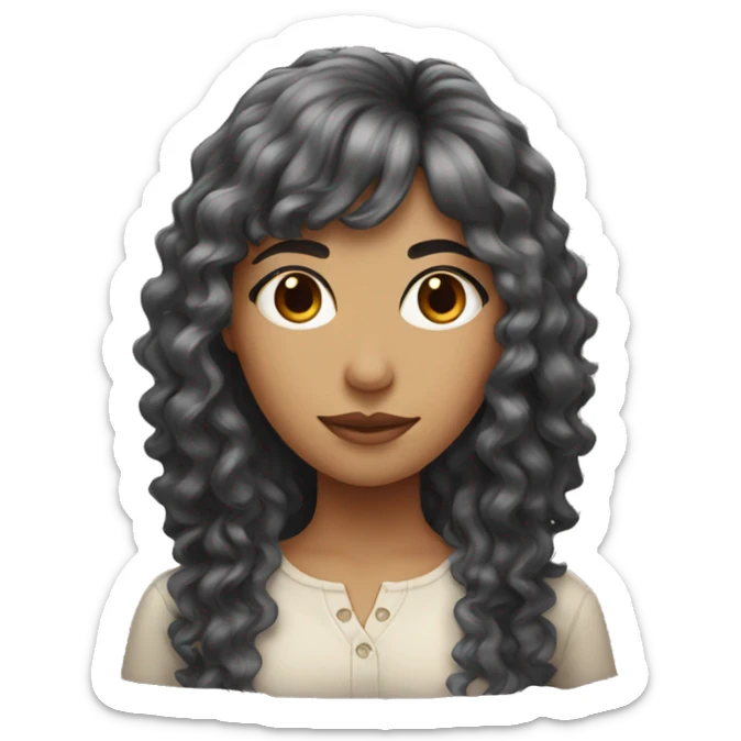 woman with long black curly hair and bangs and dark brown eyes sticker
