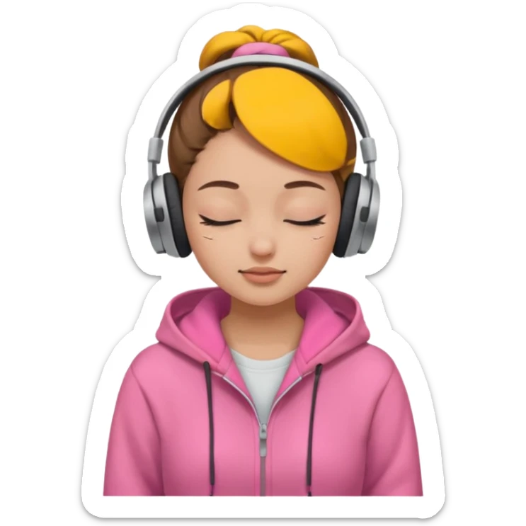 light skin girl wearing headphones. pink hoodie. closed eyes. brown hair in a bun. no makeup. light-light skin. sticker