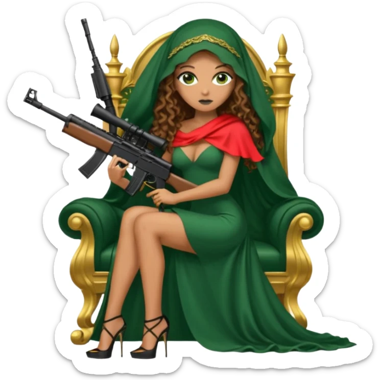 Drug dealer female green eyes symbol.  hair is brown curly long hair. sexy long with long dress and face veil on that covers her mouth only. black stiletto platform high heels shoes on. Holding sniper rifle sitting on a gold throne. sticker