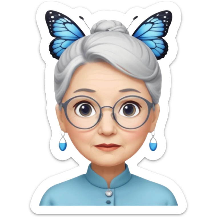 A beautiful grandmother with a delicate face and white/grey hair styled in high buns. She has steely blue/grey eyes and an intense gaze, and wears pretty glasses with butterfly frames. No background sticker