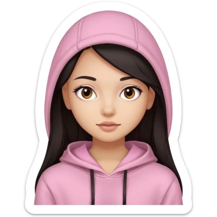 A pretty girl with light skin and long straight black brown hair, wearing a very light pink basic hoodie with brown eyes and makeup and a round face sticker