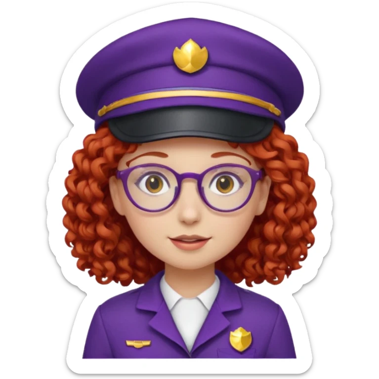 scout girl with red curly hair and uniform and hat and glassess and purle uniform sticker