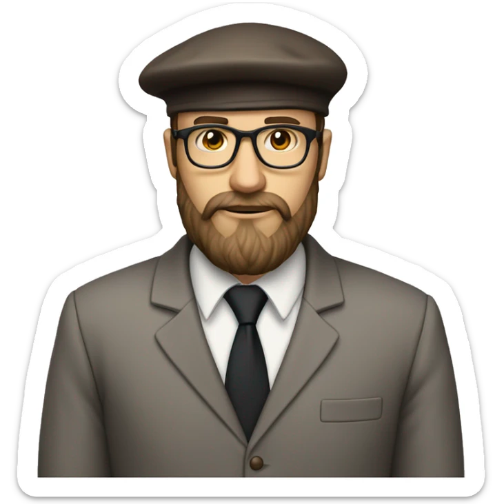 man, long brown beard, white skin, suit, brow shoes, glasses, beret hat, full-body(slim) sticker
