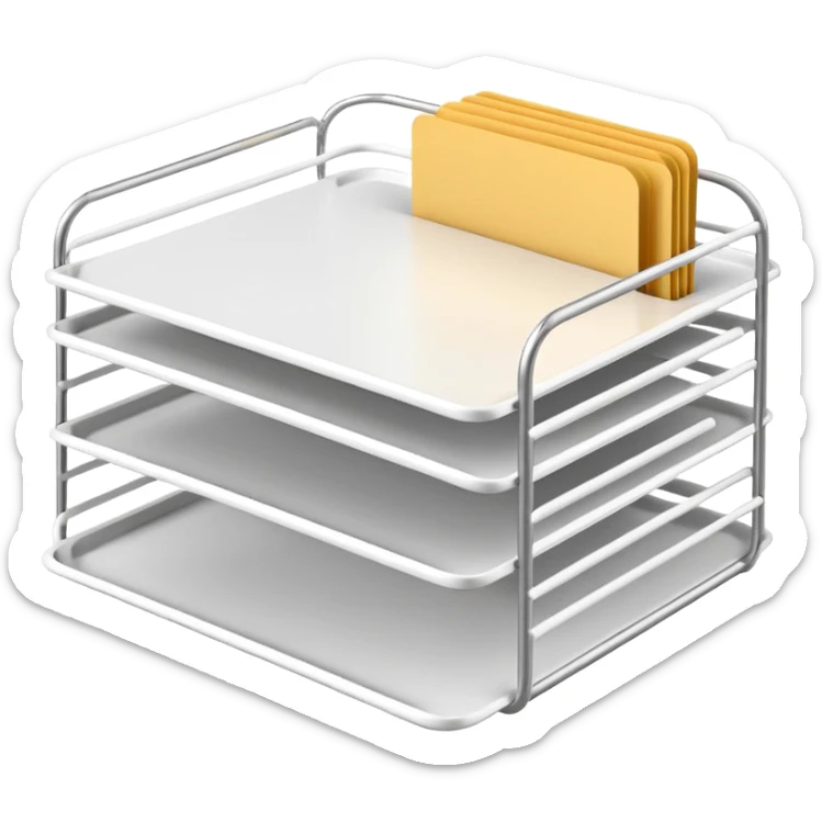 A minimal, clean emoji-style illustration of a white metal desk paper organizer tray, shown in slight isometric view so its structure is readable at a small scale. The organizer is rectangular with rounded corners, made of thin white metal wires, forming two to three stacked horizontal slots.
 sticker