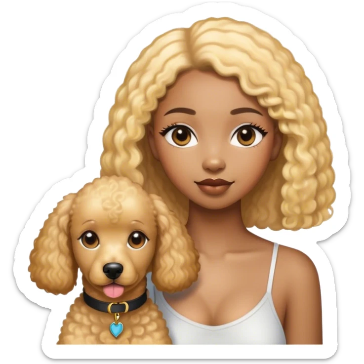 Black straight hair girl wiht golden pudel dog sticker