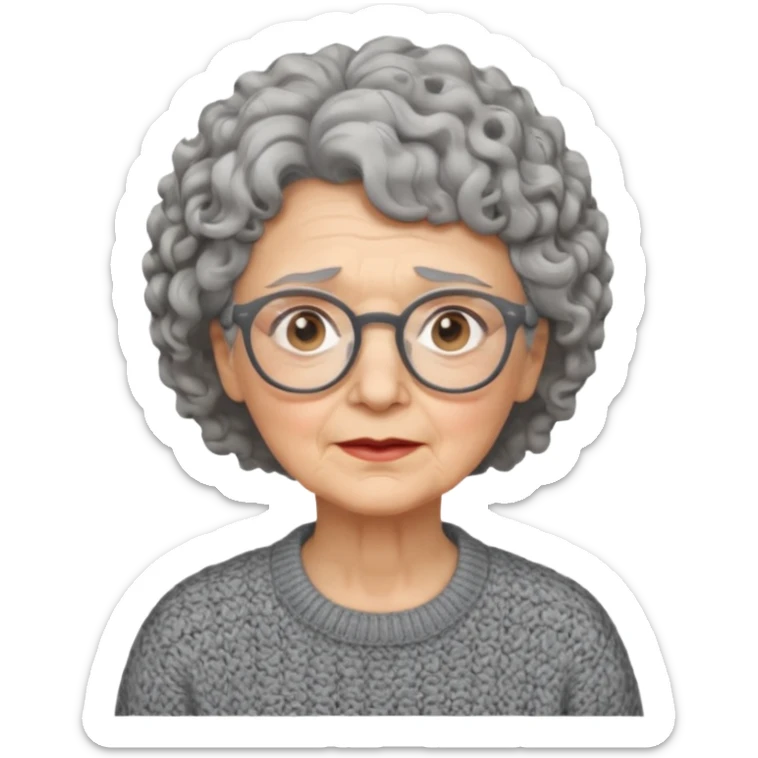 Old woman, solemn, wearing glasses and sweater, short curly hair sticker