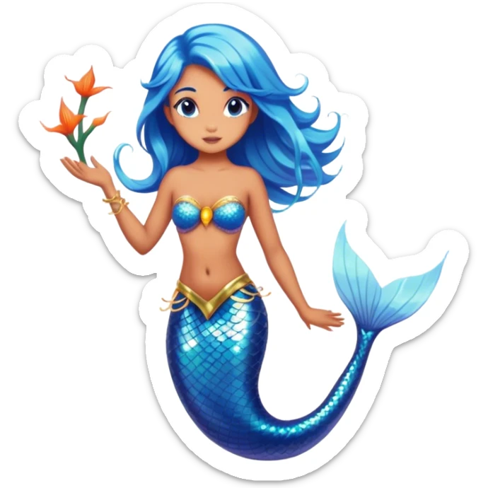 Cinematic Realistic Blue Hair Mermaid Portrait, depicted with lifelike, sun-kissed tanned skin that exudes a warm, radiant glow under gentle underwater lighting. Her intricately detailed, flowing blue hair cascades like a waterfall of ocean hues, framing deep, mesmerizing eyes that capture the vibrant spirit of the sea. Adorned with a shimmering tail and delicate tropical accents, the portrait features an enchanting underwater glow that blends realism with mythic coastal allure. sticker